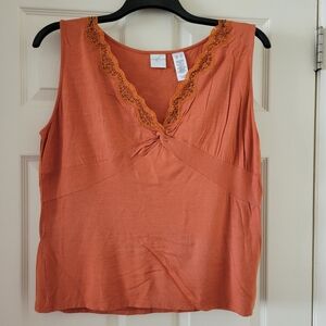 Vintage Emma James XL Orange/Pumpkin Color V-Neck w/beaded scalloped lace